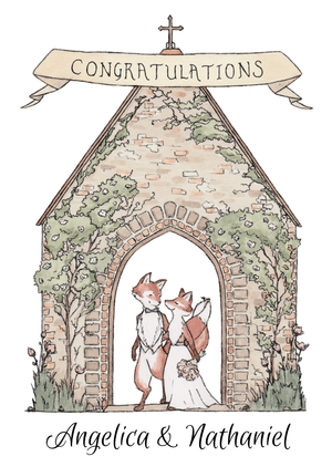 Congratulations Illustrated Fox Couple Church Wedding Card