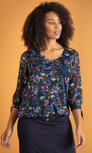 Garden Print Mesh Top - Navy/Yellow/Pink