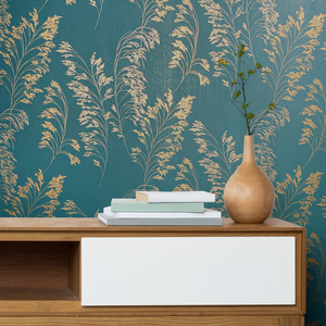 Galerie Olio Grass Fronds Teal/Gold Metallic Wallpaper - 82344