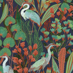 Grandeco Ciara Tropical Cranes Blue Multi Wallpaper - A63202