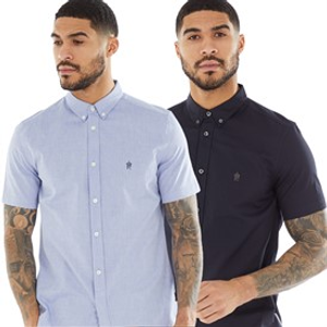 French Connection Mens Two Pack Short Sleeve Oxford Shirts Solid Marine/Mid Blue