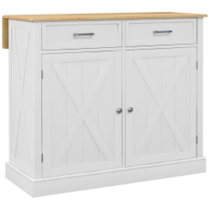 HOMCOM Isla de Cocina Carro de Cocina con Encimera de Madera Plegable 2 Puertas 2 Cajones Estante Ajustable y 4 Ruedas 105x60x90,5 cm Blanco