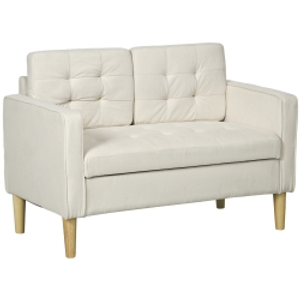 HOMCOM Modern Loveseat Sofa, Compact 2 Seater Sofa with Hidden Storage, 117cm Tufted Cotton Couch with Wood Legs, Cream White