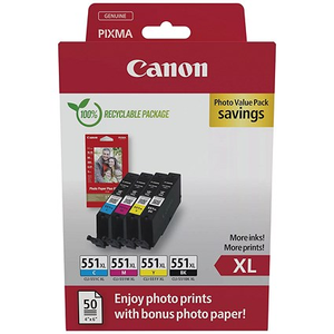 Canon CLI-551XL Ink Cartridges High Yield CMYK + 4 x 6 in Photo Paper Value Pack 6443B008