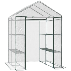Outsunny Walk in Greenhouse, 3-Tier Green House with 8 Shelves, Hemmed Cover and Roll-up Zipped Door, Steel Frame, 143 x 143 x 195 cm