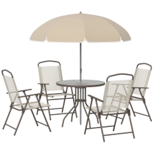 Outsunny Garden Patio Texteline Folding Chairs Plus Table and Parasol Furniture Bistro Set 6 Pieces - Beige