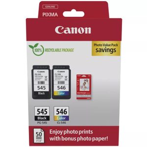 Canon PG-545 / CL-546 Genuine Ink Cartridges, Pack of 2 (1 x Black, 1 x Colour); Includes 50 sheets of 4x6 Canon Photo Paper - 8287B008