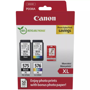 Canon PG-575XL / CL-576XL High Yield Genuine Ink Cartridges, Pack of 2 (1 x Black, 1 x Colour); Includes 50 sheets of 4x6 Canon Photo Paper - 5437C006