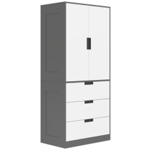 HOMCOM Modern Clothes Storage Cupboard Unit, 3 Drawer 2 Door Wardrobe with Hanging Rod, Grey