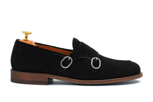 BLACK ITALIAN SUEDE DOUBLE BUCKLE MONK LOAFER