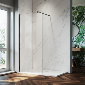 ELEGANT 800mm Walk-In Shower Panel Wetroom 8mm Easy Clean Nano Glass Shower Screen (Black Fittings)