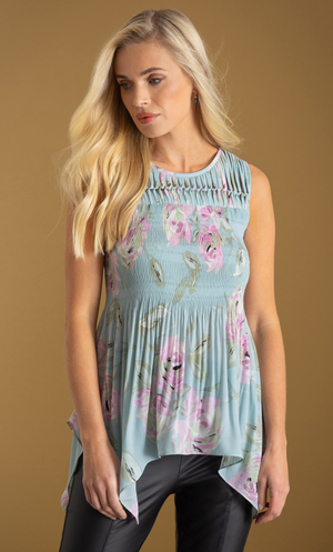Pleated Floral Print Dip Hem Top - Mint/Multi