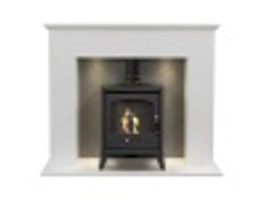 Adam Corinth Stove Fireplace in Pure White & Grey with Downlights & OKO S2 Bio Ethanol Stove in Charcoal Grey, 48 Inch