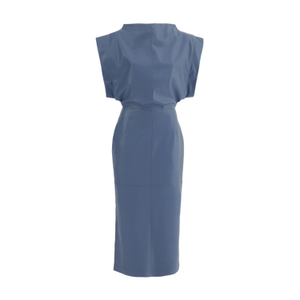 Stylish Sleeveless Faux Leather Dress Blue Grey (XL)