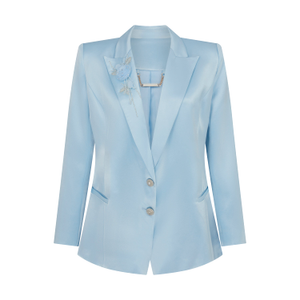 Floral Applique Crystal Embellished Satin Blazer Jacket In Baby Blue (S)