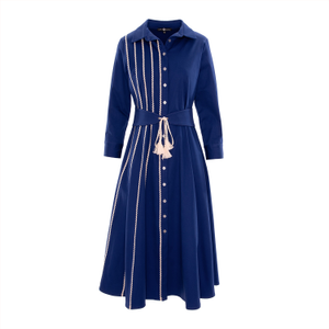 Midi Shirtdress In Blue Ink Cotton With Belt (M)