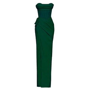 Emerald Green Corset Gown – Palermo High-Slit Strapless Evening Dress, Wedding Guest (S)