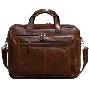 Genuine Leather Briefcase With Luggage Strap - Polished Brown