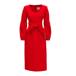 Designer Fitted Midi Dress With Belt - Red (S)