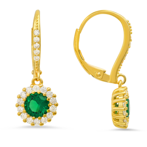 Gold Emerald Halo Leverback Earrings (M)