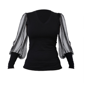 V-Neck Casual Top With Tulle Sleeves in Black (M)