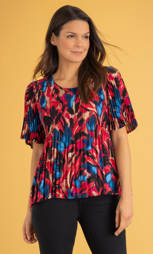 Print Pleated Top - Red/Black/Blue