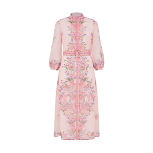 Pink Rose Floral Half Length Sleeve Belted Midi Shirt Dress (S)