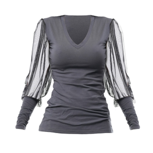 V-Neck Casual Top With Tulle Sleeves In Grey (M)