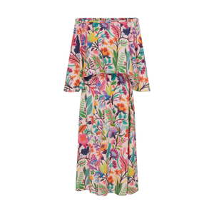 Adela Tropical Floral Off The Shoulder Bardot Midi Summer Dress In Vibrant Multicolours (L)
