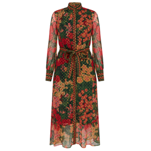 Olive Floral Long Sleeve Belted Shirt Midi Dress In Dark Orange & Green Dress (XXL)