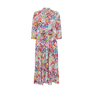 Amba 3/4 Sleeve Floral Multicoloured Midi Shirt With Tie Belt Dress. (M)