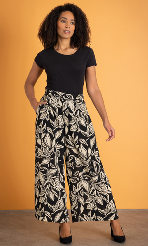 Floral Printed Wide Leg Trousers - Black/Cream
