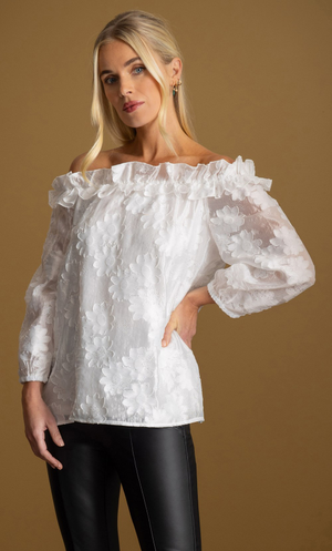 Embellished Floral Bardot Top - Ivory