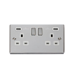 Scolmore VPCH580WH Deco 13A Ingot 2 Gang Switched Socket With Twin USB Outlets Polished Chrome