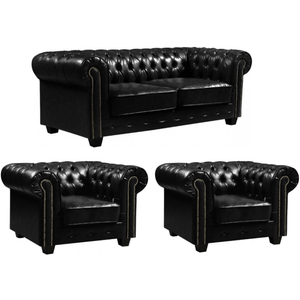 Chesterfield Black Leather Antique 3+1+1 Seater Sofa Set