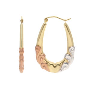 New 9ct Yellow Rose & White Gold Heart Patterned Creole Earrings
