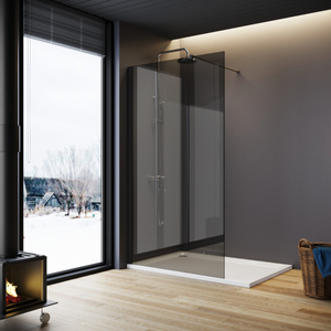 ELEGANT 900mm Walk-In Shower Screen 8mm Smoked Glass with Black Stainless Steel Support Bar