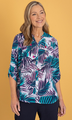 Anna Rose Leaf Print Shirt With Necklace - Pink/Aqua/Multi