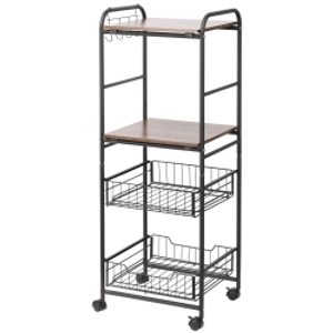 HOMCOM Carrito Auxiliar de Almacenaje con 2 Estantes 2 Cestas Extraíbles y 4 Ganchos 40x38x111 cm Nogal y Negro