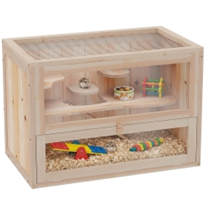 PawHut Jaula para Hámster de Madera de 2 Niveles Casa para Animales Pequeños con Plataformas Escaleras 60x35x42 cm Madera Natural