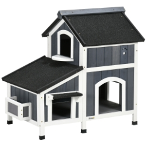 PawHut Caseta de Madera de Exterior para Gatos Casa para Gatos Refugio para Gatos de 2 Niveles 96x65x85,5 cm Gris