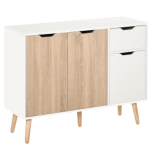 HOMCOM Aparador Moderno Aparador para Salón con 3 Puertas y Cajón Mueble Auxiliar para Salón Cocina Dormitorio 90x30x72 cm Blanco y Natural