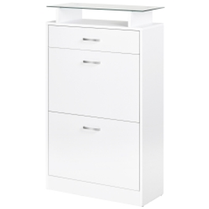 HOMCOM Organizador de Zapatos Multifuncional Zapatero con 3 Cajones Estante de Vidrio Asa de Aluminio para Pasillo Tablero de Partículas Carga 50 kg 60x24x105,5 cm Blanco