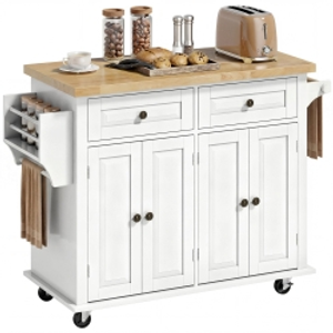 HOMCOM Isla de Cocina con Ruedas Mueble Auxiliar de Cocina con Especiero y Barra Lateral 111x44,5x82,5 cm Blanco