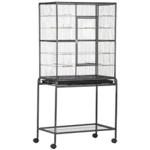 PawHut Jaula para Pájaros con Ruedas Pajarera Metálica con Perchas Comederos y Estante 81x48x162,5 cm Negro y Gris