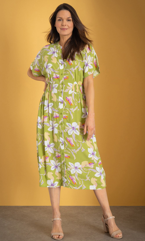 Garden Print Midi Shirt Dress - Avocado/Lilac