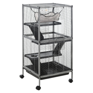 PawHut Parque para Mascotas con Ruedas 2 Puertas 3 Rampas Hamaca Colgante y Bandeja Extraíble para Cobayas 52x52x113,5cm Gris