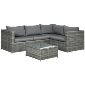 Outsunny 3 Pieces PE Rattan Garden Furniture Set with 10 cm Thick Cushions, 4 Seater Garden Corner Sofa Set with Glass Top Coffee Table, Outdoor Furniture for Patio, Porch, Grey