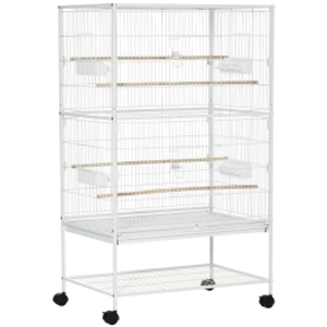 PawHut Jaula para Pájaros con Ruedas 78x52x132 cm con Bandeja Extraíble y Estante para Canarios Periquitos Blanco