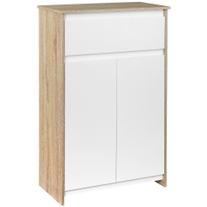 kleankin Armario de Baño con 1 Cajón y 2 Puertas Mueble Auxiliar de Estilo Moderno 60x30x90 cm Blanco y Natural
